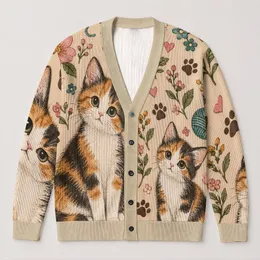 Calico Kittens, Flowers And Yarn For Cozy Autumn Days, A Gift For Cat Lovers Everywhere All-over Print Knitted Cardigan