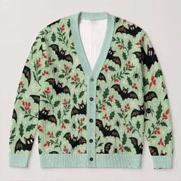 Mint Green Bats And Holly For Cozy Halloween Nights And Wintertime Layering For Women All-over Print Knitted Cardigan