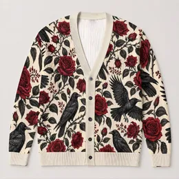 Black Ravens and Burgundy Roses for Romantic Everyday Style and Nature Lovers All-over Print Knitted Cardigan
