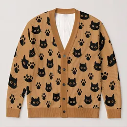 Black Cat Faces And Paw Prints For Cozy Everyday Autumn Layering All-over Print Knitted Cardigan