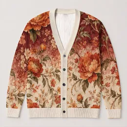 Vintage Rust Peony Florals for Cozy Autumn Layering and Everyday Women's Style All-over Print Knitted Cardigan