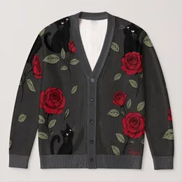 Black Cats and Crimson Roses for Cozy Autumn Days and Whimsical Everyday Style All-over Print Knitted Cardigan