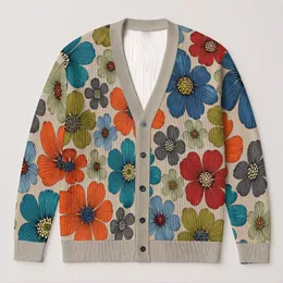 Colorful Folk Floral Blooms for Everyday Layering and Casual Style All-over Print Knitted Cardigan