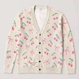 Pink Cherry And Bow Motifs For Sweet Everyday Autumn Layering All-over Print Knitted Cardigan