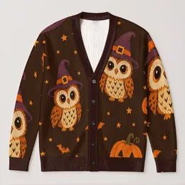 Witch Hat Owls and Jack-O’-Lanterns for Cozy Halloween Nights and Autumn Outings All-over Print Knitted Cardigan