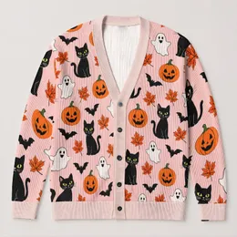 Halloween Cats, Ghosts and Pumpkins for Cozy Autumn Seasonal Layering All-over Print Knitted Cardigan
