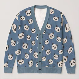 White Panda Faces on Slate Blue for Cozy Autumn Days and Casual Everyday Layering All-over Print Knitted Cardigan