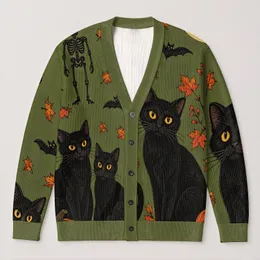 Halloween Black Cats, Pumpkins and Bats for Cozy October Nights and Autumn Outings All-over Print Knitted Cardigan