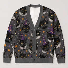 Black Cat Witch Hats and Stars for Cozy Autumn Nights and Everyday Layering Style All-over Print Knitted Cardigan
