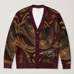 Cowboy Hat and Revolver Western Style for Autumn Nights and Casual Country Wear All-over Print Knitted Cardigan