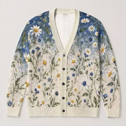 Blue and Ivory Daisy Meadow for Relaxed Fall Layering and Everyday Wear for Her All-over Print Knitted Cardigan