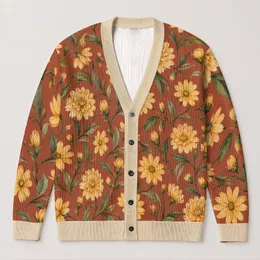 Vintage Yellow Daisy and Chrysanthemum Florals for Cozy Autumn Layering All-over Print Knitted Cardigan