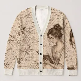 Vintage Reading Lady Literature Theme for Book Lovers and Quiet Reading Moments All-over Print Knitted Cardigan