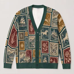 Fantasy Postage Stamps with Dragons and Castles for Cozy Autumn Layering Teens All-over Print Knitted Cardigan