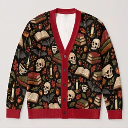 Gothic Skull And Book Motifs For Halloween Parties And Cozy Autumn Days For Teens All-over Print Knitted Cardigan