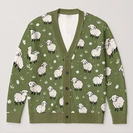 Playful White Sheep and Meadow Sprigs for Cozy Autumn Countryside Everyday Wear All-over Print Knitted Cardigan