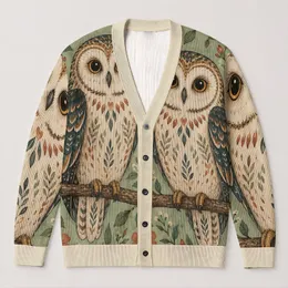 Sage Owl Pair and Botanical Vines for Cozy Woodland Days and Nature-Loving Women All-over Print Knitted Cardigan