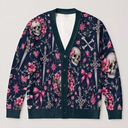 Pink Bow Skull and Gothic Sword Motifs for Halloween Style and Dark Romance All-over Print Knitted Cardigan
