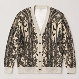 Gothic Cathedral Vines, Bats and Raven Motifs for Dark Academia Autumn Layering All-over Print Knitted Cardigan
