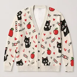 Cute Black Cat, Red Apples and Hearts for Cozy Autumn Everyday Layering Style All-over Print Knitted Cardigan