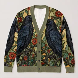 Gothic Raven Stained Glass Florals for Halloween and Autumn Layering All-over Print Knitted Cardigan