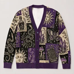 Purple Witchy Moon Raven Mushrooms for Autumn Cottagecore Layering and Everyday Wear All-over Print Knitted Cardigan