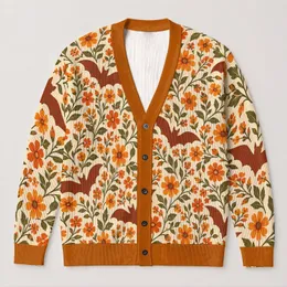 Autumn Bat and Flower Motifs for Cozy Seasonal Everyday Layering All-over Print Knitted Cardigan