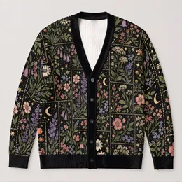 Moonlit Botanical Flowers for Cozy Everyday Layering and Autumn Outfits All-over Print Knitted Cardigan