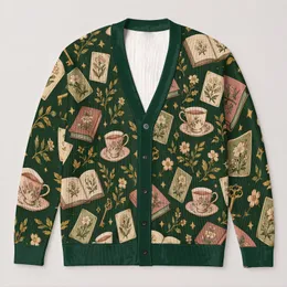 Vintage Teacup And Book Motifs For Cozy Autumn Reading Days And Tea Lover Gifts All-over Print Knitted Cardigan