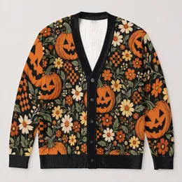 Halloween Jack-O'-Lantern Daisy Flowers for Cozy Autumn Outings and Teen Seasonal Style All-over Print Knitted Cardigan