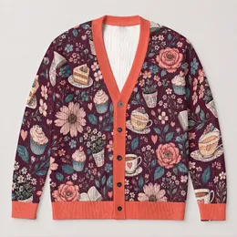 Boho Tea Cup Flower And Cupcake Doodles For Cozy Autumn Layering All-over Print Knitted Cardigan