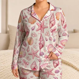 Coastal Shell Starfish Bow Motifs for Summer Vacations and Beach Holidays for Women Satin Pajamas Set