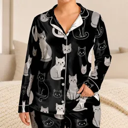 Black And White Cat Motif For Cozy Nights, Cute Cat Lover Style For Women Satin Pajamas Set