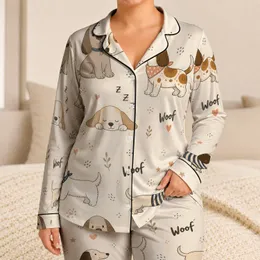 Cartoon Dog Bedtime Loungewear For Cozy Home Nights, Women's Relaxed Sleep Style Satin Pajamas Set