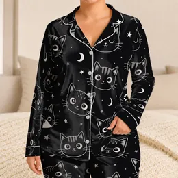 Black And White Cat Face Lounge Gift For Cozy Nights At Home, For Women And Teens Satin Pajamas Set