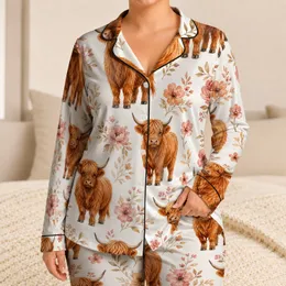 Highland Cow Floral Cozy Nights Gift for Women, Warm Rustic Home Relaxation At Home Satin Pajamas Set