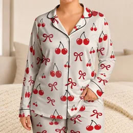 Cherry Bow Cherry Motif Summer Evening Wear for Cozy Nights and Gift Giving Women Satin Pajamas Set