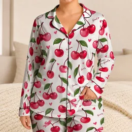 Blush Cherry Motif Cozy Nightwear For Relaxed Evenings And Gift Giving For Women Satin Pajamas Set