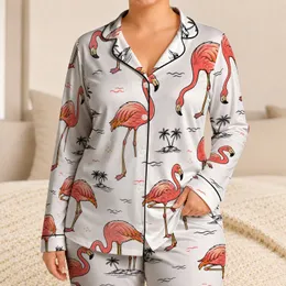 Flamingo Resort For Summer Nights, Soft Tropical Relaxed Style For Women At Home Satin Pajamas Set