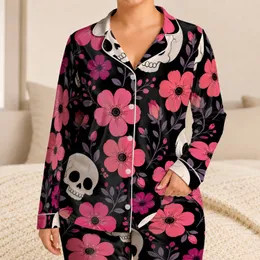 Retro Gothic Skull Floral Lounge Set for Cozy Nights, Women and Teens at Home Daily Satin Pajamas Set