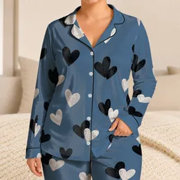 Dusty Slate Blue Heart Doodle Nightwear For Cozy Evenings, Lounge Style For Women Satin Pajamas Set
