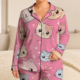 Cute Pastel Cat Faces on Warm Pink Background for Cozy Cat Lovers and Gift Giving Satin Pajamas Set