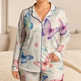 Aqua Butterfly Motif For Spring Evenings, Soft Feminine Boutique Gift At Home Satin Pajamas Set