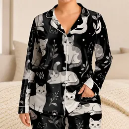 Vintage Black Cat Motif Lounge Style For Cozy Nights And Relaxed Home Comfort Living Satin Pajamas Set