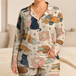 Sleepy Kitten Bedtime Set For Cozy Nights, Women Plus Size Relaxed Fit Everyday Satin Pajamas Set