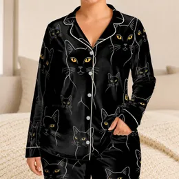Men's Black Cat Motif For Cozy Home Evenings And Calm Nighttime Comfort Wear Daily Satin Pajamas Set