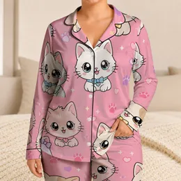Kawaii Cat Faces for Cozy Spring Nights at Home, Gift Idea for Women and Cat Lovers Satin Pajamas Set