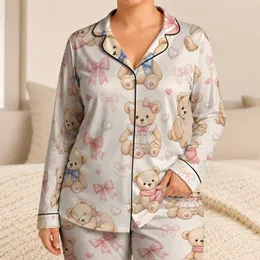Sweet Teddy Bear Heart Bow Motifs for Cozy Bedtime and Lounge Time for Women Gift Satin Pajamas Set