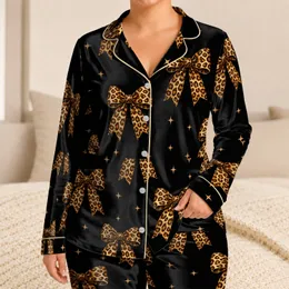 Black Leopard Bow Motif for Cozy Nights, Giftable Chic, and Bold Women's Style Wear Satin Pajamas Set