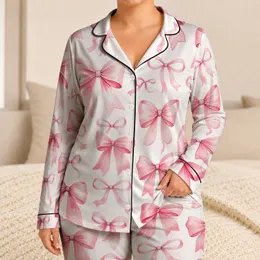 Soft Pink Bow Motifs For Cozy Nights And Giftable Lounge Style For Women At Home Use Satin Pajamas Set